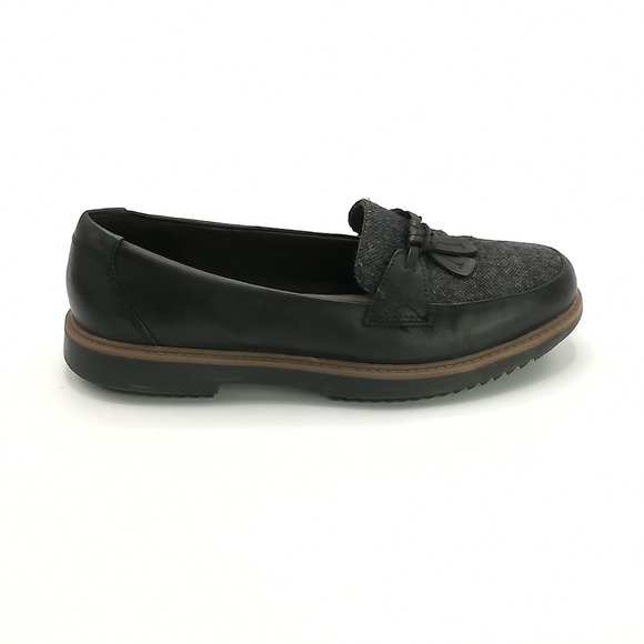 Clarks Shoes - Clarks Shoes Womens Loafer Black Leather Tweed Raisie Foster Casual Comfort 6